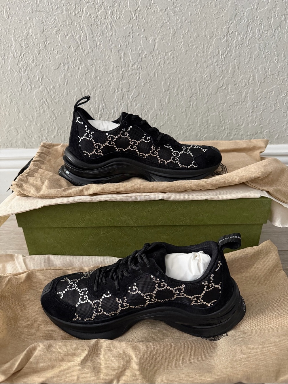Gucci run GG crystal embellished black sneakers women US 5